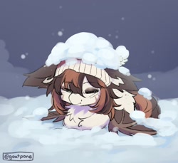 Size: 1200x1100 | Tagged: safe, artist:goatpone, oc, oc:powder, bat pony, pony, female, hat, sleeping, snow, snowpony, solo, toque