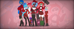 Size: 6290x2536 | Tagged: safe, artist:marventia, oc, oc only, oc:red rocket, changeling, deer, pegasus, unicorn, clothes, hammer, horn, unicorn oc