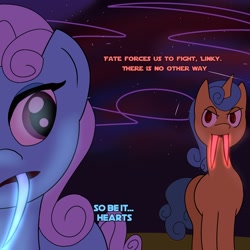 Size: 1536x1536 | Tagged: safe, lemon hearts, linky, shoeshine, earth pony, pony, unicorn, g4, background, duel of the fates, duo, glowing teeth, horn, maretooth, text