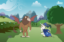Size: 1618x1062 | Tagged: safe, artist:faith-wolff, artist:isa-isa-chan, artist:swiftgaiathebrony, scorpan, star swirl the bearded, gargoyle, g4, dialogue in the description, field, lore in description, meadow, mountain, mountain range, past