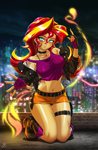 Size: 1641x2500 | Tagged: safe, artist:mauroz, sunset shimmer, human, equestria girls, g4, belly, belly button, blushing, breasts, busty sunset shimmer, choker, city, clothes, ear piercing, earring, female, jacket, jewelry, kneeling, looking at you, midriff, miniskirt, night, outdoors, panties, piercing, shoes, skirt, solo, underwear