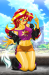 Size: 1641x2500 | Tagged: safe, alternate version, artist:mauroz, sunset shimmer, human, equestria girls, g4, belly, belly button, blushing, boots, breasts, busty sunset shimmer, choker, city, clothes, ear piercing, earring, female, jacket, jewelry, kneeling, looking at you, microskirt, midriff, miniskirt, outdoors, panties, piercing, shoes, skirt, solo, underwear