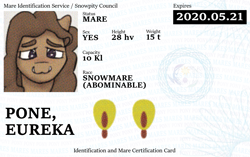 Size: 1013x638 | Tagged: safe, oc, oc only, oc:eureka, abominable snowmare, cutie mark, id card, snowmare, solo, text