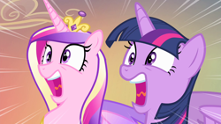 Size: 1280x720 | Tagged: safe, screencap, princess cadance, twilight sparkle, alicorn, pony, g4, my little pony: friendship is magic, season 4, three's a crowd, alicorn horn, alicorn wings, cadance's crown, colored wings, crown, duo, duo female, female, females only, flying, horn, jewelry, long horn, long mane, mare, multicolored mane, multicolored wings, open mouth, regalia, screaming, sisters-in-law, spread wings, three toned mane, tongue out, twilight sparkle (alicorn), two toned mane, two toned wings, wavy tongue, wings, yelling