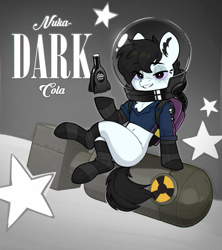 Size: 2051x2308 | Tagged: safe, alternate character, alternate version, artist:rexyseven, oc, oc only, pony, semi-anthro, fallout equestria, atomic bomb, belly, belly button, bottomless, bubble helmet, chest fluff, clothes, commission, crossover, ear fluff, nuclear weapon, nuka cola, partial nudity, socks, solo, striped socks, underhoof, weapon, ych result