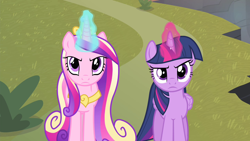 Size: 1280x720 | Tagged: safe, screencap, princess cadance, twilight sparkle, alicorn, pony, g4, my little pony: friendship is magic, season 4, three's a crowd, alicorn horn, blue magic, cadance's crown, colored wings, duo, duo female, female, females only, folded wings, glowing, glowing horn, horn, jewelry, long horn, long mane, long tail, looking at someone, looking at you, looking up, magic, magic aura, mare, pink magic, serious, sisters-in-law, tail, telekinesis, three toned mane, three toned tail, twilight sparkle (alicorn), two toned mane, two toned tail, two toned wings, wings, wings down