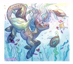 Size: 4816x4203 | Tagged: safe, artist:dorry, oc, oc only, original species, pony, water pony, aquarelle, traditional art, underwater, water, watercolor painting