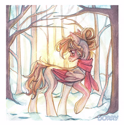 Size: 4416x4503 | Tagged: safe, artist:dorry, oc, oc only, pony, aquarelle, clothes, forest, nature, scarf, snow, sun, traditional art, tree, watercolor painting, winter