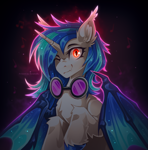 Size: 2385x2421 | Tagged: safe, artist:buvanybu, dj pon-3, vinyl scratch, alicorn, bat pony, bat pony alicorn, pony, unicorn, g4, bat ponified, bat wings, bust, chest fluff, cute, digital art, ear fluff, fangs, female, glasses, glowing, glowing eyes, high res, horn, looking at you, mare, music notes, one eye closed, partially open wings, portrait, race swap, raised hoof, red eyes, smiling, smiling at you, solo, unshorn fetlocks, vinylbat, wings, wink, winking at you