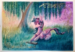 Size: 3997x2793 | Tagged: safe, artist:jsunlight, twilight sparkle, alicorn, pony, g4, book, solo, traditional art, tree, twilight sparkle (alicorn), watercolor painting