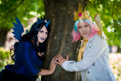 Size: 1920x1281 | Tagged: safe, princess celestia, princess luna, human, galacon, g4, 2016, clothes, cosplay, costume, duo, female, irl, irl human, outdoors, photo, royal sisters, siblings, sisters, tree