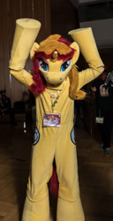 Size: 984x1920 | Tagged: safe, oc, oc:miss libussa, galacon, 2016, fursuit, indoors, irl, photo, ponysuit, raised arms, solo