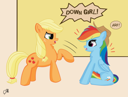 Size: 8870x6744 | Tagged: safe, artist:_cobalttuelatte, applejack, rainbow dash, earth pony, pegasus, pony, g4, accessory theft, applejack's hat, behaving like a dog, cowboy hat, down boy! arf!, duo, duo female, emanata, female, hat, meme, nose wrinkle, open mouth, rainbow dash wearing applejack's hat, sitting