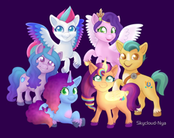 Size: 742x588 | Tagged: safe, artist:skycloud-nya, artist:skydreamer_nya, hitch trailblazer, izzy moonbow, misty brightdawn, pipp petals, sunny starscout, zipp storm, alicorn, earth pony, pegasus, pony, unicorn, g5, female, group photo, horn, male, mane five, mane six (g5), mane stripe sunny, mare, purple background, race swap, rebirth misty, redbubble, simple background, stallion, sunnycorn