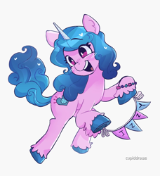 Size: 774x848 | Tagged: safe, artist:cupiddraws, izzy moonbow, pony, unicorn, g5, cute, female, gray background, horn, izzybetes, mare, redbubble, simple background, solo