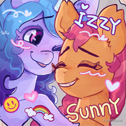 Size: 693x690 | Tagged: safe, artist:cupiddraws, izzy moonbow, sunny starscout, earth pony, pony, unicorn, g5, :p, blushing, caption, duo, duo female, eyes closed, female, horn, hug, lesbian, mare, one eye closed, redbubble, ship:moonscout, shipping, text, tongue out