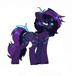 Size: 825x870 | Tagged: safe, artist:flixanoa, oc, oc only, oc:plexa, earth pony, pony, bedroom eyes, body markings, chest fluff, ear fluff, earth pony oc, eyebrows, eyebrows visible through hair, facial markings, floating hair, glowing, glowing eyes, pale belly, rear view, shiny mane, shiny tail, three toned mane, three toned tail, unshorn fetlocks