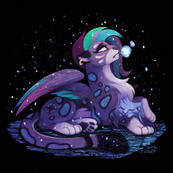 Size: 1200x1200 | Tagged: safe, artist:justyna babinska, allura, twitch (g5), aq bars, big cat, leopard, rabbit, snow leopard, g5, 2025, animal, breath, chest fluff, duo, duo male and female, ear piercing, earring, eyes closed, female, jewelry, looking up, lying down, male, paw pads, paws, piercing, prone, signature, sleeping, tail, wings