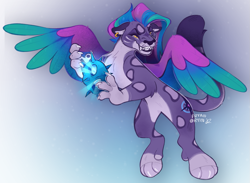 Size: 1413x1033 | Tagged: safe, artist:fryanryin, allura, aq bars, big cat, leopard, snow leopard, g5, claws, ear piercing, earring, female, jewelry, nova charm, paw pads, paws, piercing, sharp teeth, signature, solo, spread wings, tail, teeth, wings