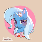 Size: 1500x1500 | Tagged: safe, artist:cold-blooded-twilight, trixie, pony, unicorn, g4, blushing, bust, eyeshadow, flower, flower in hair, horn, lipstick, makeup, portrait, rose, smiling, solo