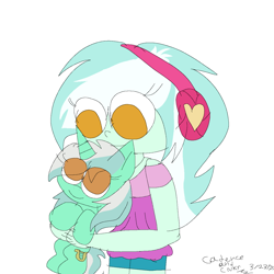 Size: 1280x1280 | Tagged: safe, artist:clukence, lyra heartstrings, pony, unicorn, equestria girls, g4, cute, holding a pony, horn