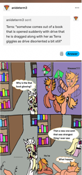 Size: 1243x2635 | Tagged: safe, artist:ask-luciavampire, oc, oc only, oc:aya nightwing, oc:drive, oc:terra, earth pony, pegasus, pony, undead, vampire, vampony, ask, book, bookshelf, library, swirly eyes, tumblr, tumblr:ask-bookish-aya