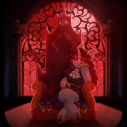 Size: 2048x2048 | Tagged: safe, artist:allianaollisari, oc, pony, undead, unicorn, vampire, vampony, blood moon, cathedral, clothes, commission, dress, horn, moon, red eyes, scenery, window