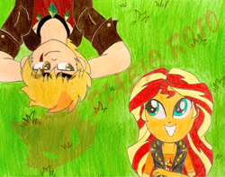 Size: 1813x1429 | Tagged: safe, artist:diablo rojo, sunset shimmer, oc, oc:hellfire red, human, equestria girls, g4, clothes, eye scar, facial scar, grass, grass field, jacket, jewelry, looking at each other, looking at someone, lying down, necklace, parents:canon x oc, scar, smiling, smiling at each other, traditional art