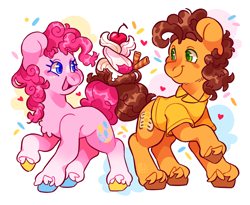Size: 2048x1677 | Tagged: safe, artist:cocopudu, cheese sandwich, pinkie pie, earth pony, pony, g4, cherry, cherry on top, chest fluff, colored hooves, colored pupils, duo, duo male and female, female, food, freckles, hooves, intertwined tails, looking at each other, looking at someone, male, mare, multicolored hooves, open mouth, open smile, ship:cheesepie, shipping, simple background, smiling, smiling at each other, sprinkles, stallion, straight, tail, unshorn fetlocks, whipped cream, white background