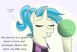 Size: 3000x2048 | Tagged: safe, artist:cosmicwaves35, allie way, pony, unicorn, g4, background pony, bowling ball, eyes closed, female, horn, ponytail, smiling, solo, text, tied mane, title drop