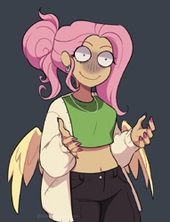 Size: 987x1291 | Tagged: safe, artist:timelessclownry, fluttershy, human, g4, alternate hairstyle, belly, belly button, blue background, cardigan, clothes, denim, ear piercing, earring, faic, female, fluttershy is not amused, hair bun, humanized, jeans, jewelry, midriff, nail polish, necklace, pants, piercing, short shirt, shrunken pupils, simple background, solo, unamused, winged humanization, wings