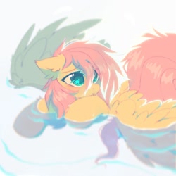 Size: 1000x1000 | Tagged: safe, alternate version, artist:mirtash, fluttershy, pegasus, pony, g4, cute, ear fluff, female, floppy ears, fluffy, leg fluff, looking up, mare, shyabetes, solo, spread wings, starry eyes, swimming, water, wet, wet mane, wing fluff, wingding eyes, wings