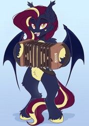 Size: 2480x3508 | Tagged: safe, artist:koffeemilk, oc, oc only, oc:nightingale ode, bat pony, pony, semi-anthro, g4, accordion, bat pony oc, bat wings, birthmark, blue body, chest fluff, colored belly, colored hooves, ear fluff, ear tufts, fangs, female, flying, gradient background, heart, hooves, looking at you, mare, musical instrument, open mouth, red hair, smiling, solo, wings, yellow eyes