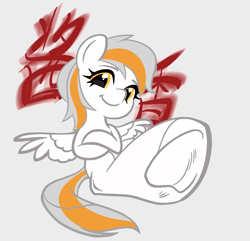 Size: 1346x1300 | Tagged: safe, artist:applejackfl, oc, oc only, oc:daodao, pegasus, pony, chinese text, digital art, female, graffiti, gray background, gray mane, lineart, mare, missing cutie mark, orange mane, simple background, smug, solo, stylized text, two toned mane, white body, wings, yellow eyes