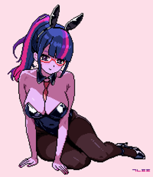 Size: 3000x3450 | Tagged: safe, artist:gonicfanfic, sci-twi, twilight sparkle, human, equestria girls, g4, big breasts, breasts, bunny ears, bunny suit, busty twilight sparkle, cleavage, clothes, digital art, female, high heels, looking at you, necktie, pink background, pixel art, shoes, simple background, smiling, smiling at you, solo