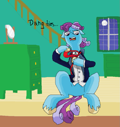 Size: 647x684 | Tagged: safe, oc, oc only, earth pony, pony, clothes, colt, earth pony oc, foal, hoof hold, indoors, ladder, looking at you, male, male oc, mirror, moon, ms paint, necktie, newbie artist training grounds, night, open mouth, red neck tie, sitting, stars, suit, unshorn fetlocks, window