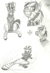 Size: 2243x3276 | Tagged: safe, oc, oc only, hybrid, zebroid, zony, action pose, bust, clothes, ear piercing, earring, jewelry, kicking, looking at something, looking at you, male, male oc, piercing, portrait, signature, sitting, sketch, sketch dump, smiling, smiling at you, solo, sweater, unshorn fetlocks, zony oc
