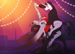 Size: 1600x1143 | Tagged: safe, artist:sunny way, alicorn, pony, unicorn, anthro, art, artwork, clothes, colored, commission, costume, digital art, dress, dressed, duo, emotions, evening, female, finished commission, fit, flat colors, horn, love, makeup, male, mare, muscles, my little pony, scar, slender, stallion, sunny way, tango, thin, wings