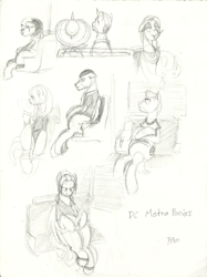 Size: 5355x7144 | Tagged: safe, artist:prismspark, pegasus, pony, unicorn, book, bus, clothes, denim, female, floppy ears, hat, headphones, hoof hold, horn, jeans, looking at someone, looking up, male, mare, pants, pencil drawing, ponified, ponytail, reading, rear view, scarf, shirt, sitting, sketch, sketch dump, stallion, t-shirt, traditional art, window