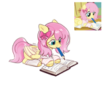 Size: 1808x1504 | Tagged: safe, artist:anazeml, fluttershy, pegasus, pony, filli vanilli, g4, my little pony: friendship is magic, alternate hairstyle, book, bow, clothes, cute, female, friendship journal, hair bow, leg warmers, lying down, mare, mouth hold, pencil, prone, screencap reference, short hair fluttershy, shyabetes, signature, simple background, smiling, solo, striped leg warmers, white background, writing