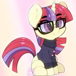 Size: 2000x2000 | Tagged: safe, artist:zokkili, moondancer, pony, unicorn, g4, abstract background, eye clipping through hair, eyebrows, eyebrows visible through hair, female, gradient background, horn, mare, sitting, smiling, solo
