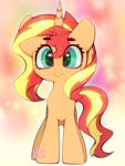 Size: 1500x2000 | Tagged: safe, artist:zokkili, sunset shimmer, pony, unicorn, g4, :>, abstract background, cute, female, front view, horn, looking at you, mare, shimmerbetes, smiling, smiling at you, solo