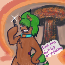 Size: 990x990 | Tagged: safe, oc, earth pony, semi-anthro, bipedal, chest fluff, ear piercing, english, explosion, eye clipping through hair, human shoulders, mushroom cloud, piercing, smug, solo, speech bubble, sunglasses