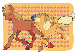 Size: 2048x1447 | Tagged: safe, artist:glitterghast, part of a set, applejack, applejack (g1), earth pony, pony, g1, g4, :d, ^^, apple background, applejack's hat, big ears, bow, closed mouth, colored hooves, colored pinnae, cowboy hat, duo, duo female, eyebrows, eyebrows visible through hair, eyes closed, female, full body, generational ponidox, hat, hatching (technique), height difference, hooves, lacrimal caruncle, looking at someone, mare, no pupils, open mouth, open smile, orange background, outline, passepartout, running, side view, signature, smiling, smiling at each other, tail, tail bow, unshorn fetlocks, walking, white outline, windswept mane, windswept tail