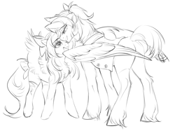 Size: 762x571 | Tagged: safe, artist:lawillowsea, oc, oc only, pegasus, pony, butt, clothed ponies, duo, duo female, female, height difference, mare, partially open wings, plot, simple background, small wings, smiling, spread wings, white background, wings
