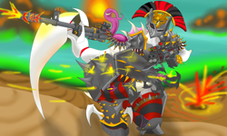 Size: 4096x2458 | Tagged: safe, artist:snowi, oc, oc:snowi, unicorn, g4, armor, background, boots, female, fight, full body, gun, horn, mare, mutant, rome, shoes, solo, spiked armor, tentacles, weapon