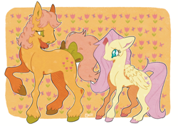 Size: 2048x1447 | Tagged: safe, artist:glitterghast, part of a set, fluttershy, posey, earth pony, pegasus, pony, g1, g4, 3:, big ears, bow, closed mouth, colored hooves, colored pinnae, duo, duo female, eyebrows, feathered wings, female, floral background, full body, generational ponidox, green hooves, hatching (technique), height difference, hooves, lacrimal caruncle, lidded eyes, looking at each other, looking at someone, mare, nervous, no pupils, orange background, outline, passepartout, pink hooves, raised hoof, side view, signature, smiling, smiling at someone, standing, tail, tail bow, teal eyes, teary eyes, turned head, wavy mouth, white outline, wings
