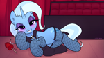 Size: 3161x1778 | Tagged: safe, artist:whiskeypanda, trixie, pony, unicorn, my little romance - the great & powerful, g4, bedroom eyes, black lipstick, cape, clothes, coffin, eyeshadow, fireworks, fishnet clothing, fishnet stockings, grin, horn, indoors, lipstick, looking at you, lying down, makeup, on side, purple eyeshadow, smiling, solo, stage, stockings, thigh highs
