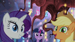 Size: 800x450 | Tagged: safe, screencap, applejack, fluttershy, pinkie pie, rainbow dash, rarity, twilight sparkle, alicorn, earth pony, pegasus, pony, unicorn, g4, my little pony: friendship is magic, the one where pinkie pie knows, animated, female, gif, happy, horn, looking at you, looking back, looking back at you, mane six, mare, twilight sparkle (alicorn)