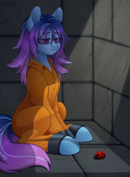 Size: 2100x2864 | Tagged: safe, artist:erein, odessa evensong, cyborg, cyborg pony, earth pony, insect, ladybug, pony, g5, clothes, commission, commissioner:rainbowdash69, crepuscular rays, cuffed, cuffs, ears up, female, high res, jail, jail cell, jumpsuit, mare, multicolored mane, multicolored tail, never doubt rainbowdash69's involvement, prison, prison outfit, prisoner, sad, shackles, solo, tail, text
